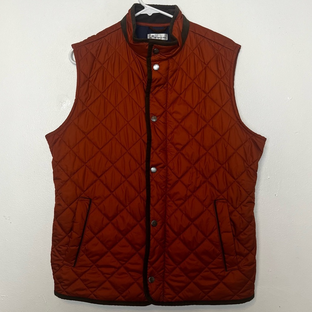 PETER MILLAR Vest Mens medium orange  Essex Quilted Traveler Full Zip + Snap